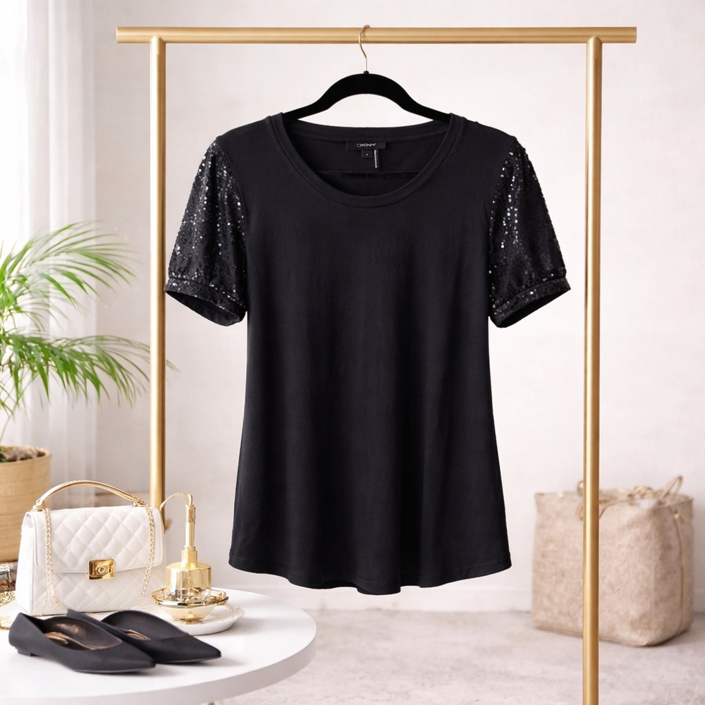 DKNY Black Top with Sequin Sleeves